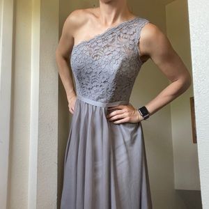 David’s Bridal grey lace asymmetrical dress
